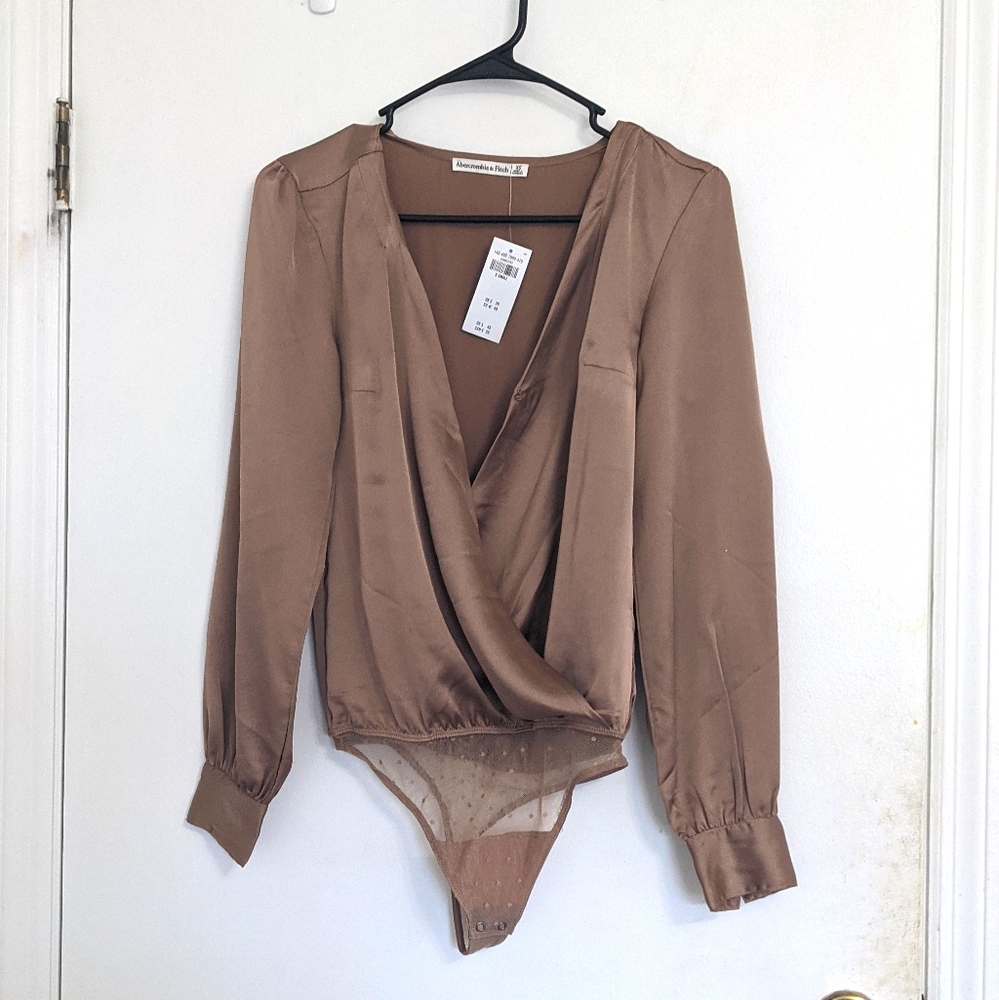 Long-Sleeve Wrap Satin Bodysuit